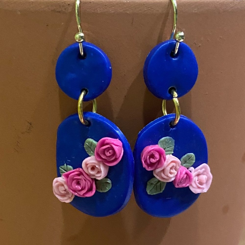 Royal blue with pink roses polymer clay earrings hypoallergenic earrings